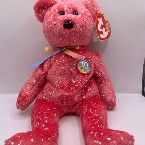 TY Beanie Baby DECADE Bright Pink "10 yrs" Anniversary Sparkly Teddy Bear 2003